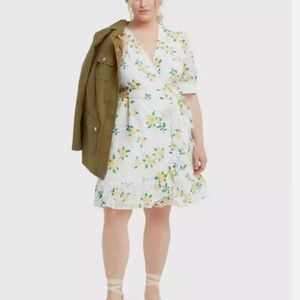 Draper James Yellow and Pink Midi Sundress with Puff Sleeves and V-Neck (498)